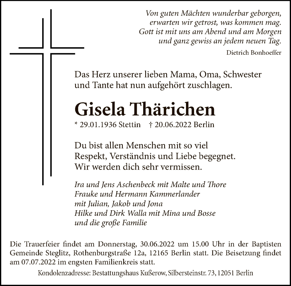  Traueranzeige für Gisela Thärichen vom 26.06.2022 aus Tagesspiegel