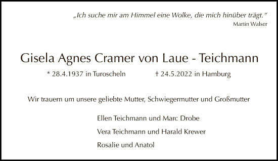 Traueranzeige von Gisela Agnes Cramer von Laue-Teichmann von Tagesspiegel