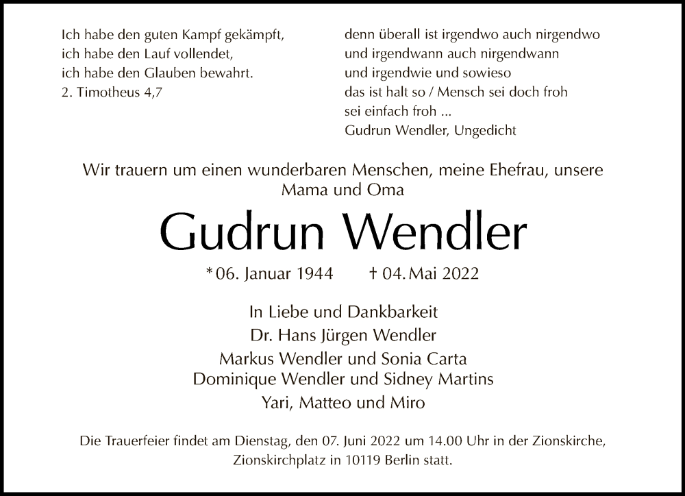  Traueranzeige für Gudrun Wendler vom 05.06.2022 aus Tagesspiegel