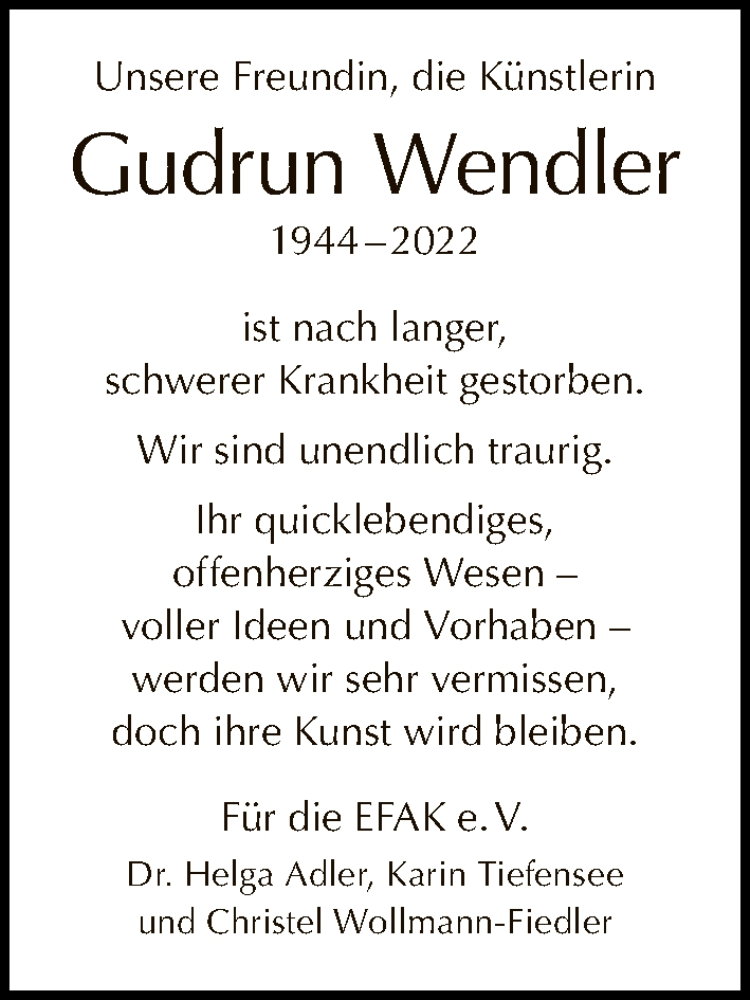  Traueranzeige für Gudrun Wendler vom 05.06.2022 aus Tagesspiegel