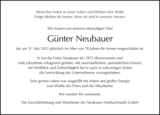 Traueranzeige von Günter Neubauer von Tagesspiegel