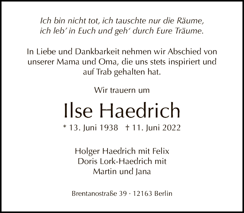  Traueranzeige für Ilse Haedrich vom 19.06.2022 aus Tagesspiegel