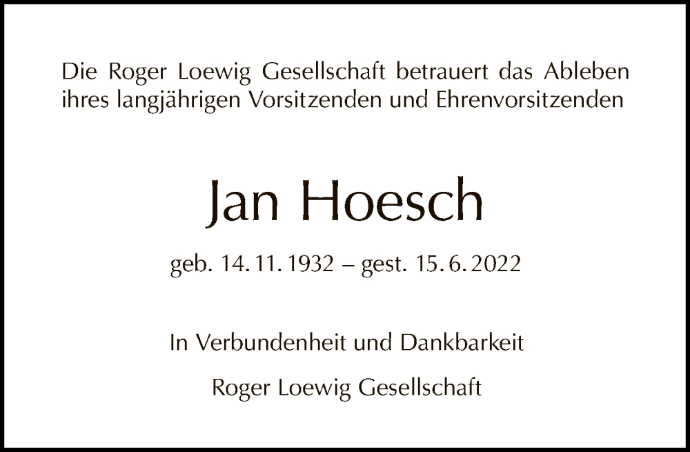  Traueranzeige für Jan Hoesch vom 26.06.2022 aus Tagesspiegel