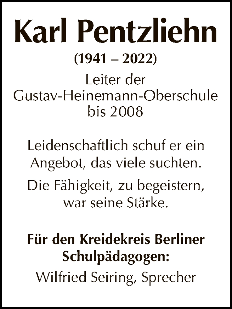  Traueranzeige für Karl Pentzliehn vom 26.06.2022 aus Tagesspiegel