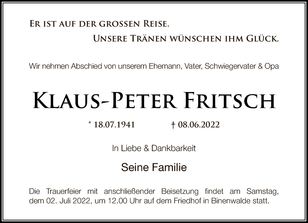  Traueranzeige für Klaus-Peter Fritsch vom 19.06.2022 aus Tagesspiegel