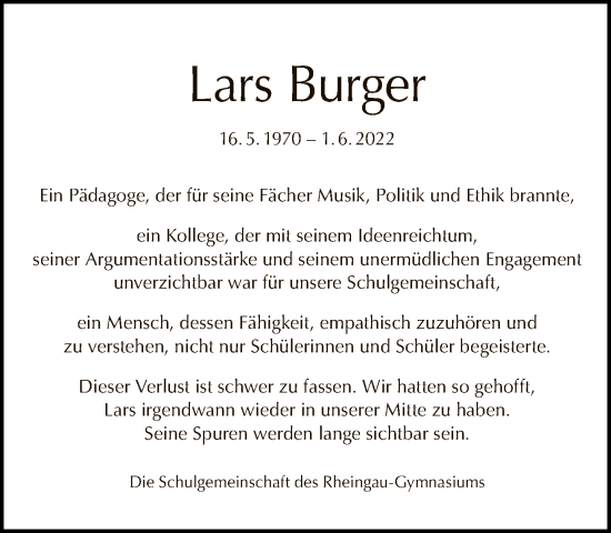 Traueranzeige von Lars Burger von Tagesspiegel