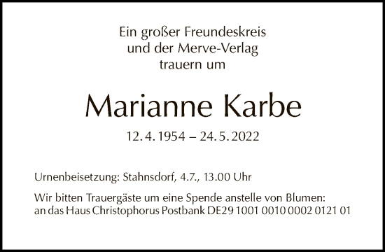 Traueranzeige von Marianne Karbe von Tagesspiegel