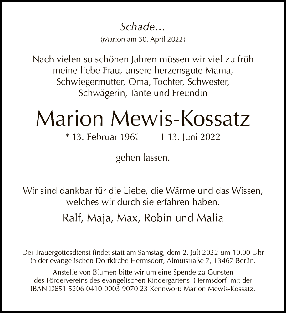  Traueranzeige für Marion Mewis-Kossatz vom 26.06.2022 aus Tagesspiegel