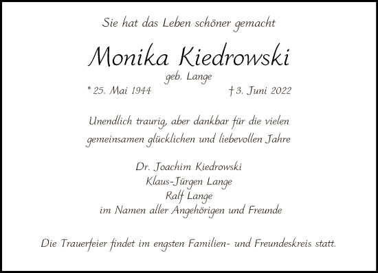 Traueranzeige von Monika Kiedrowski von Tagesspiegel