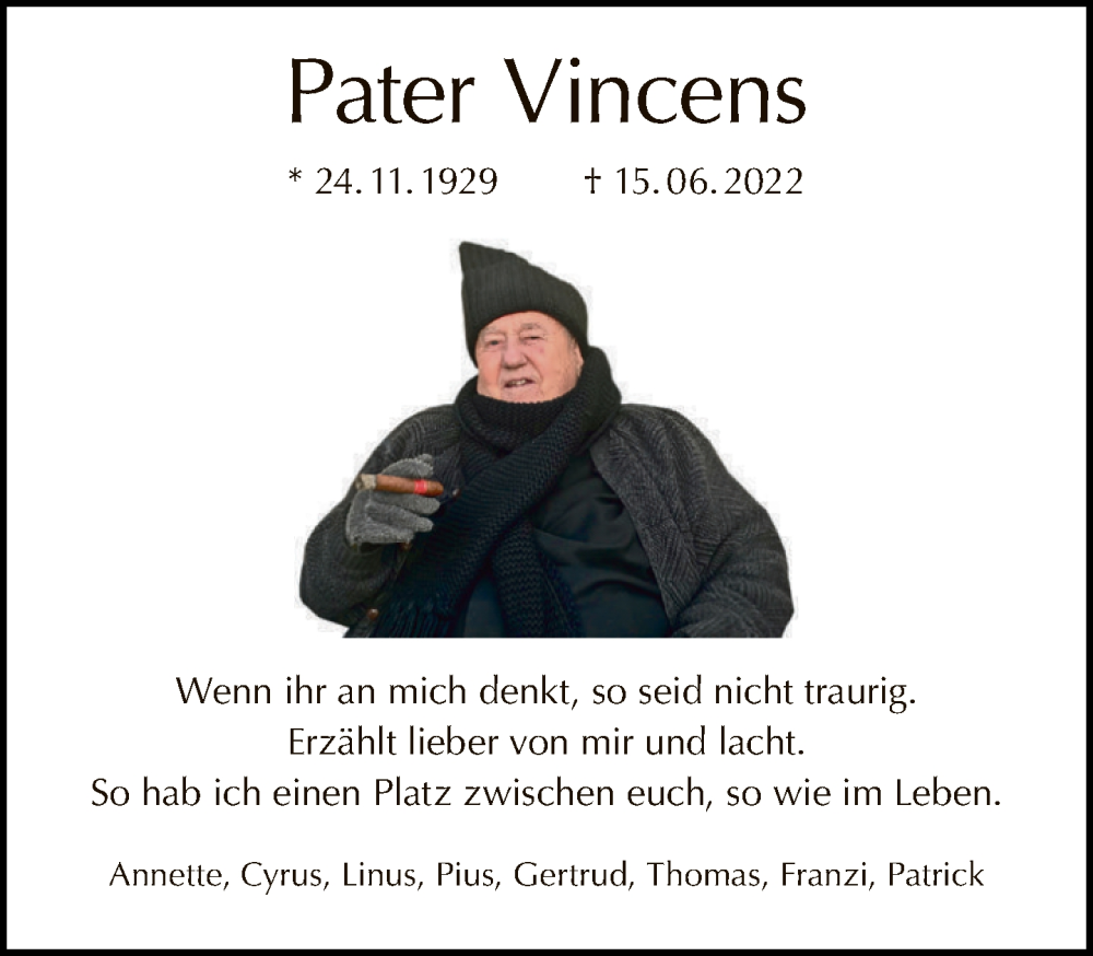  Traueranzeige für Pater Vincens vom 26.06.2022 aus Tagesspiegel