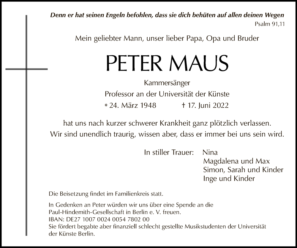  Traueranzeige für Peter Maus vom 26.06.2022 aus Tagesspiegel