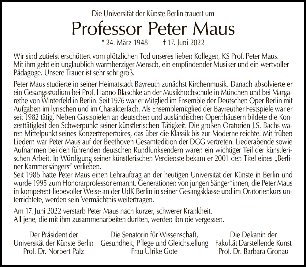  Traueranzeige für Peter Maus vom 26.06.2022 aus Tagesspiegel