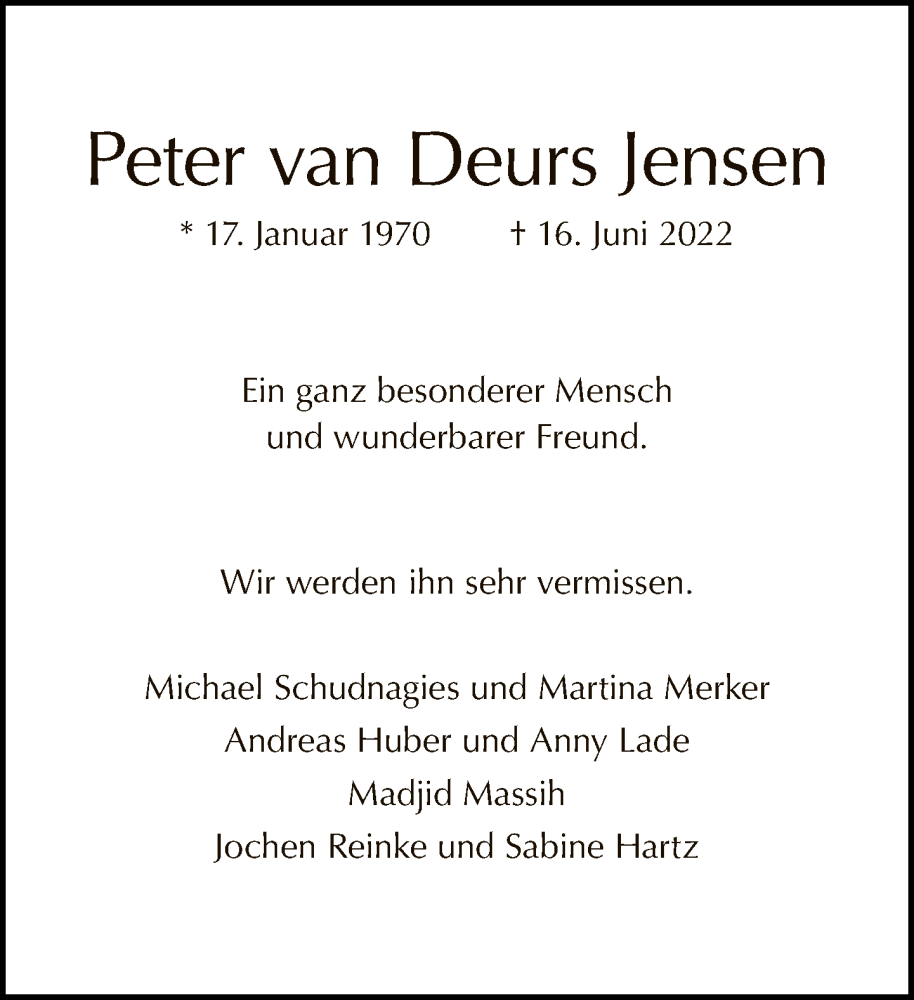  Traueranzeige für Peter van Deurs Jensen vom 26.06.2022 aus Tagesspiegel