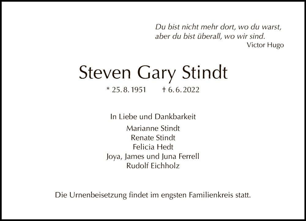  Traueranzeige für Steven Gary Stindt vom 19.06.2022 aus Tagesspiegel