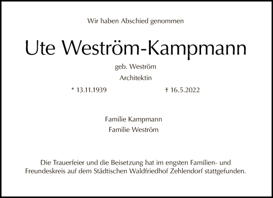 Traueranzeige von Ute Weström-Kampmann von Tagesspiegel