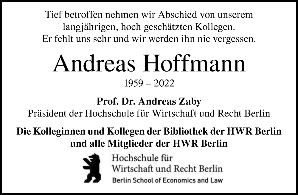  Traueranzeige für Andreas Hoffmann vom 24.07.2022 aus Tagesspiegel