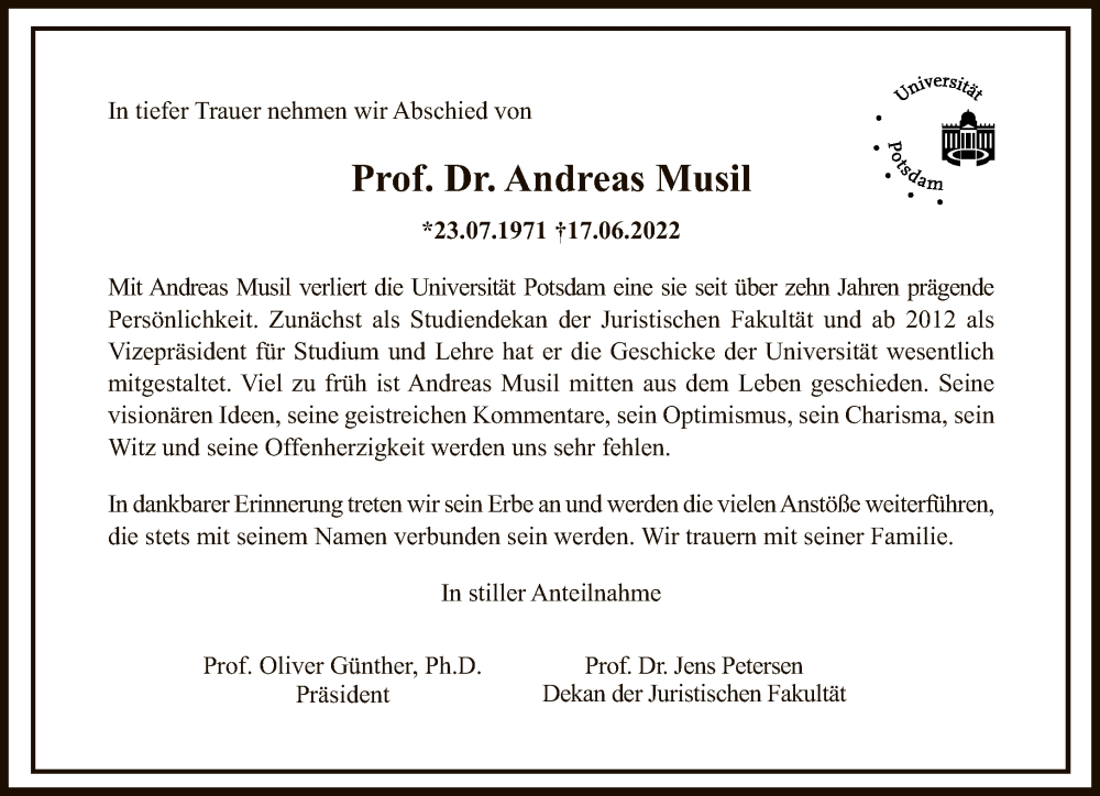  Traueranzeige für Andreas Musil vom 26.06.2022 aus Tagesspiegel