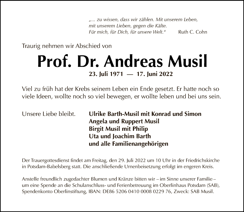  Traueranzeige für Andreas Musil vom 02.07.2022 aus Tagesspiegel