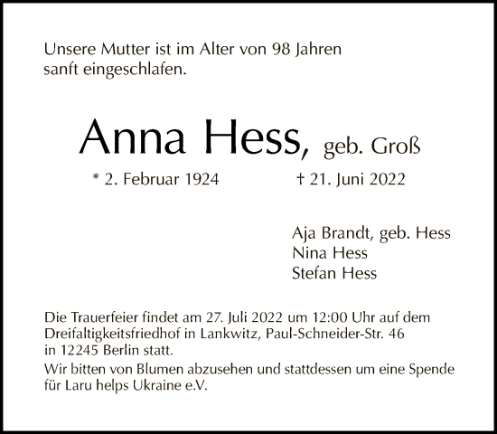 Traueranzeige von Anna Hess von Tagesspiegel