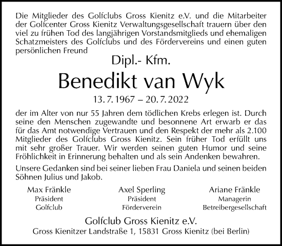 Traueranzeige von Benedikt van Wyk von Tagesspiegel