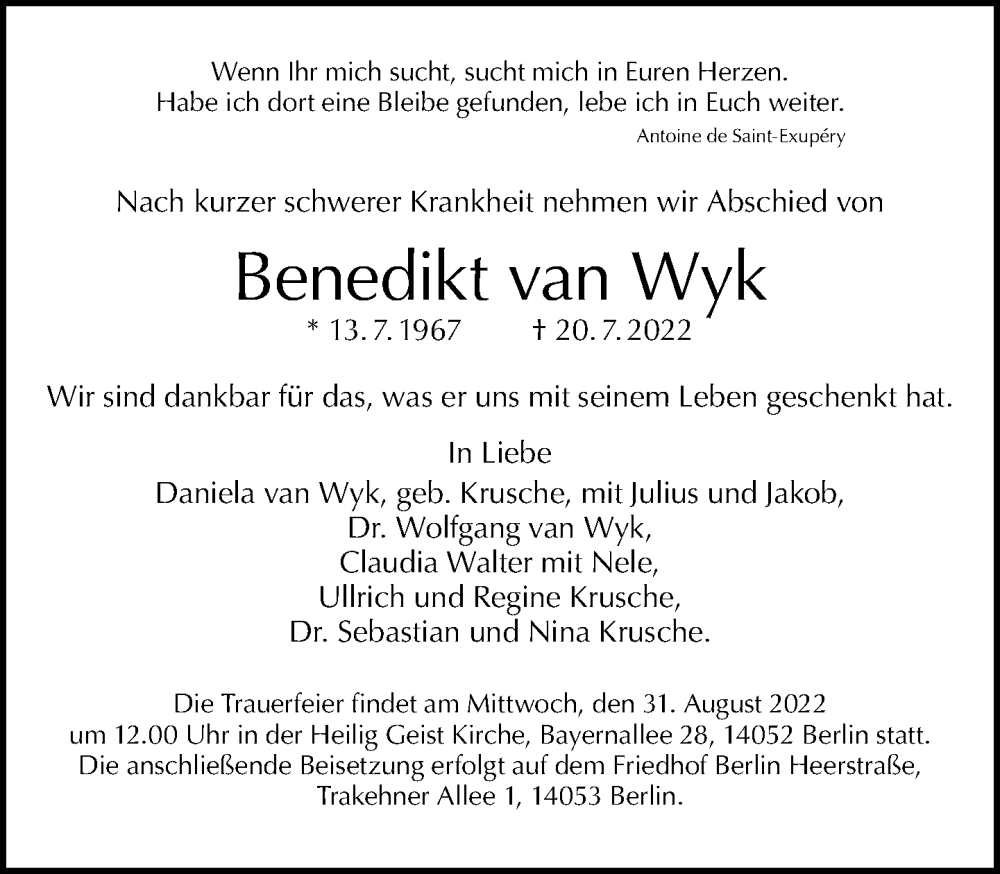  Traueranzeige für Benedikt van Wyk vom 31.07.2022 aus Tagesspiegel