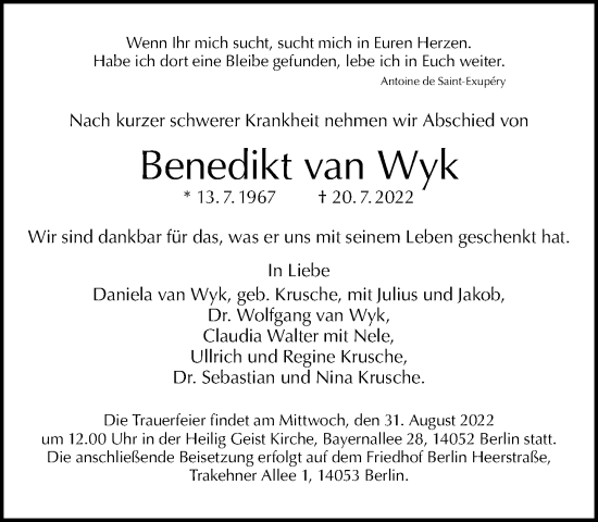 Traueranzeige von Benedikt van Wyk von Tagesspiegel