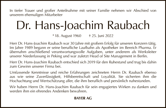 Traueranzeige von Hans-Joachim Raubach von Tagesspiegel