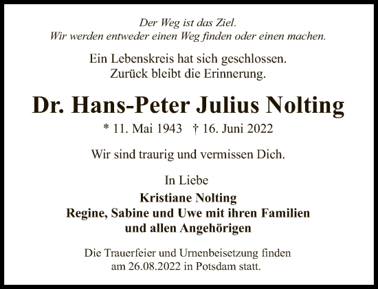 Traueranzeige von Hans-Peter Julius Nolting von Tagesspiegel