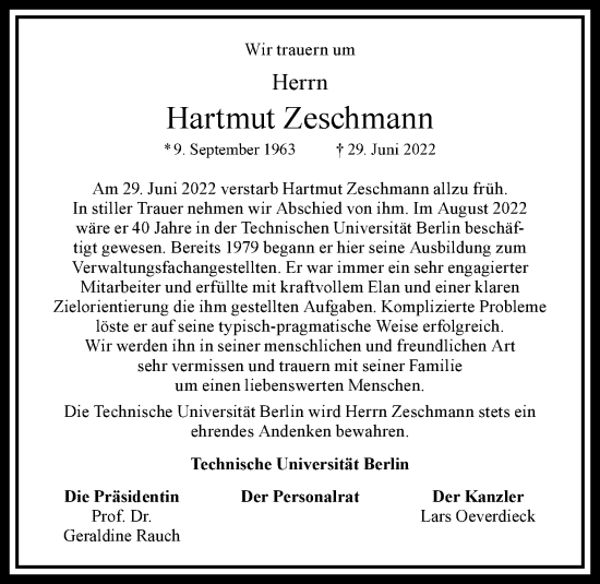 Traueranzeige von Hartmut Zeschmann von Tagesspiegel