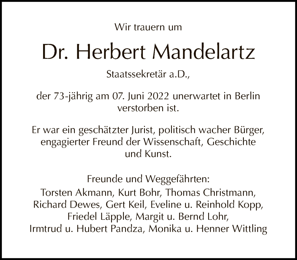  Traueranzeige für Herbert Mandelartz vom 03.07.2022 aus Tagesspiegel