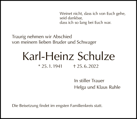 Traueranzeige von Karl-Heinz Schulze von Tagesspiegel