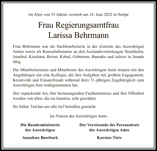 Traueranzeige von Larissa Behrmann von Tagesspiegel