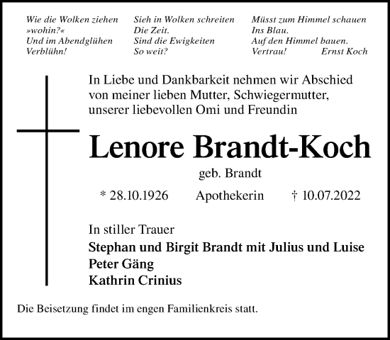 Traueranzeige von Lenore Brandt-Koch von Tagesspiegel