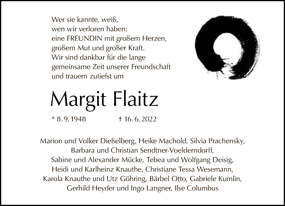  Traueranzeige für Margit Flaitz vom 03.07.2022 aus Tagesspiegel