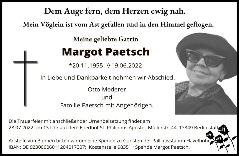  Traueranzeige für Margot Paetsch vom 10.07.2022 aus Tagesspiegel