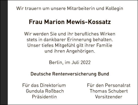 Traueranzeige von Marion Mewis-Kossatz von Tagesspiegel