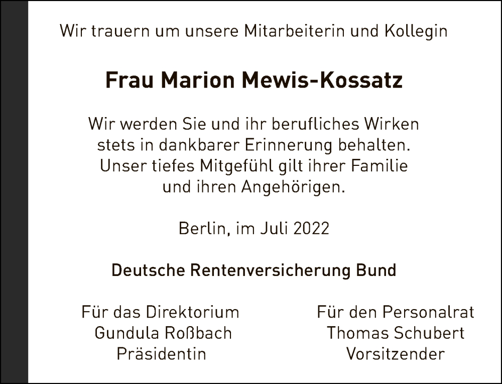  Traueranzeige für Marion Mewis-Kossatz vom 10.07.2022 aus Tagesspiegel
