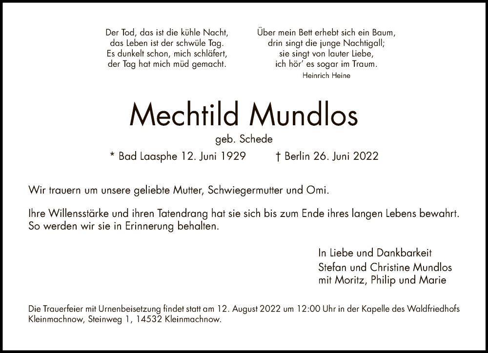 Traueranzeige für Mechtild Mundlos vom 10.07.2022 aus Tagesspiegel