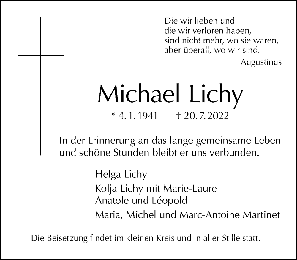 Traueranzeige für Michael Lichy vom 31.07.2022 aus Tagesspiegel