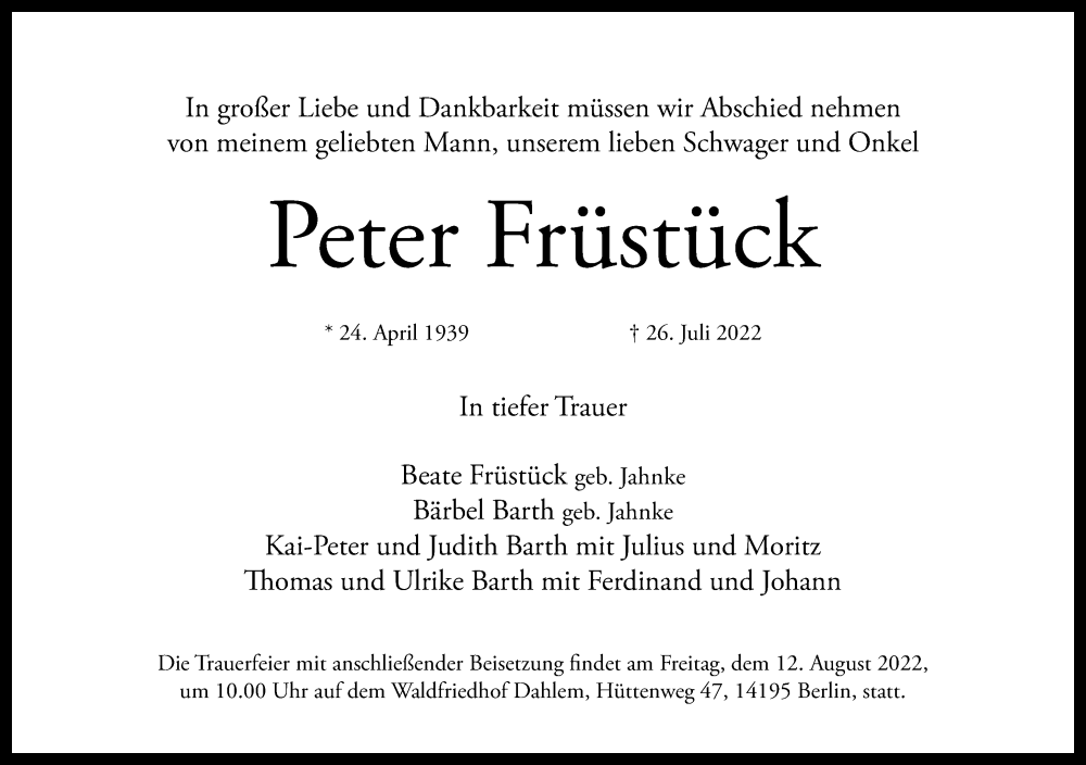  Traueranzeige für Peter Früstück vom 31.07.2022 aus Tagesspiegel