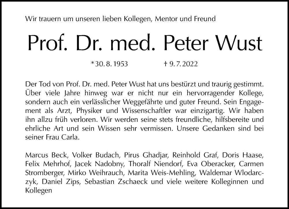  Traueranzeige für Peter Wust vom 17.07.2022 aus Tagesspiegel