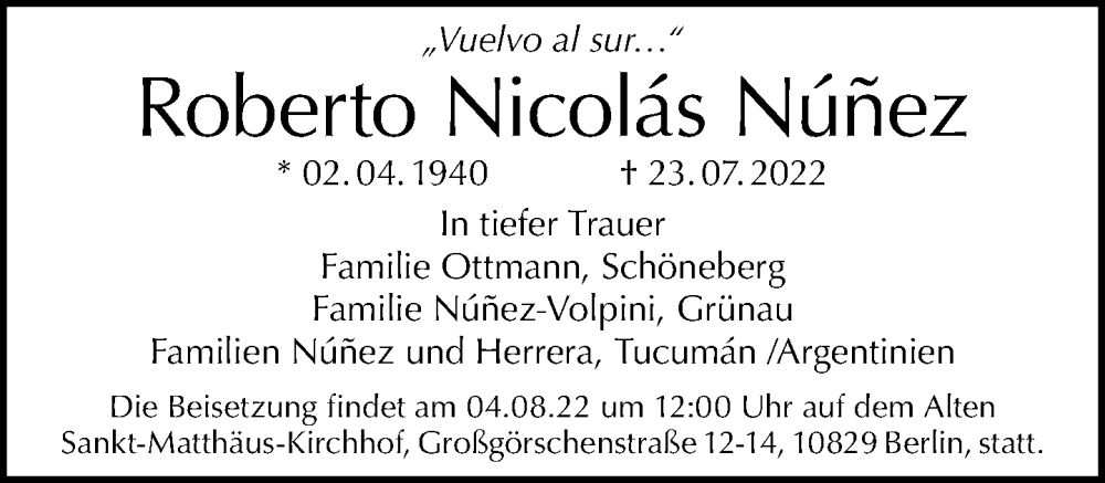  Traueranzeige für Roberto Nicolás Núñez vom 30.07.2022 aus Tagesspiegel