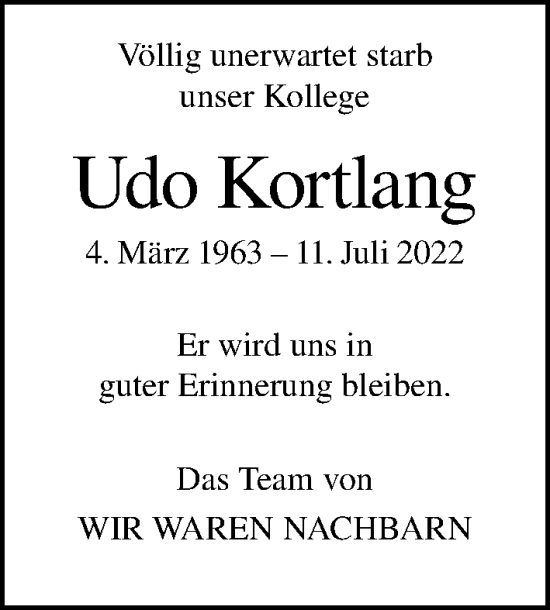 Traueranzeige von Udo Kortlang von Tagesspiegel