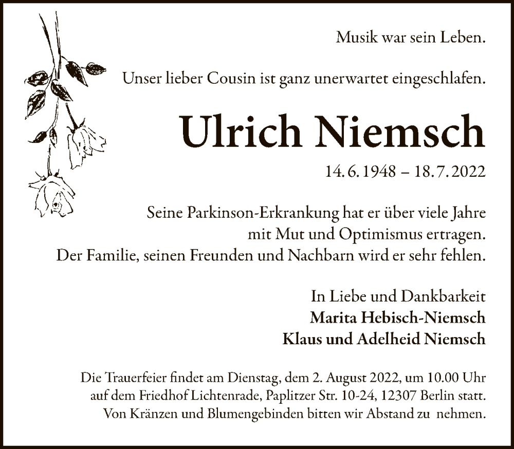  Traueranzeige für Ulrich Niemsch vom 24.07.2022 aus Tagesspiegel