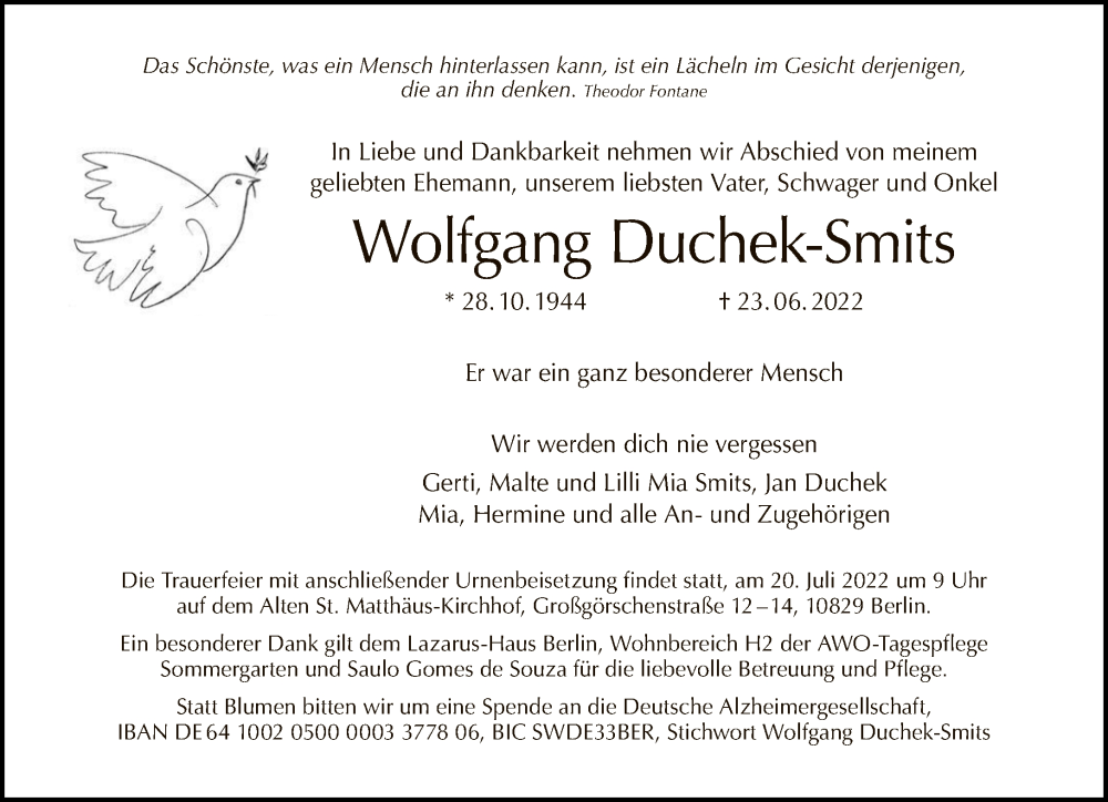  Traueranzeige für Wolfgang Duchek-Smits vom 03.07.2022 aus Tagesspiegel