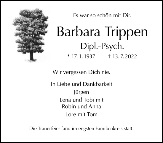 Traueranzeige von Barbara Trippen von Tagesspiegel