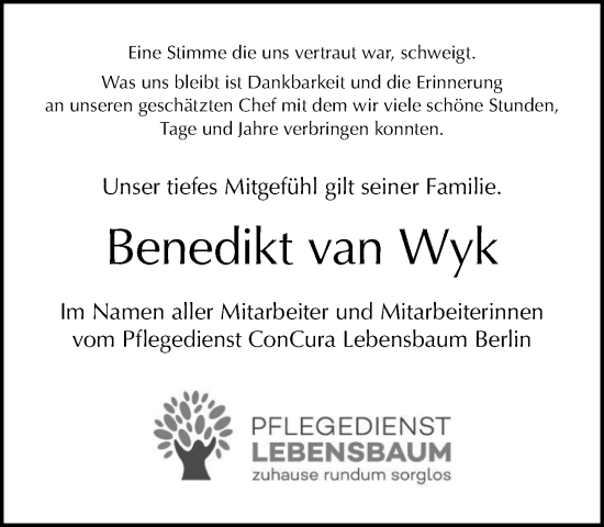 Traueranzeige von Benedikt van Wyk von Tagesspiegel