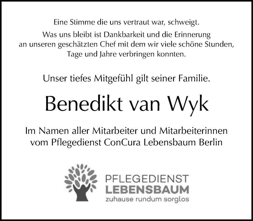  Traueranzeige für Benedikt van Wyk vom 07.08.2022 aus Tagesspiegel