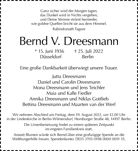 Traueranzeige von Bernd V. Dreesmann von Tagesspiegel