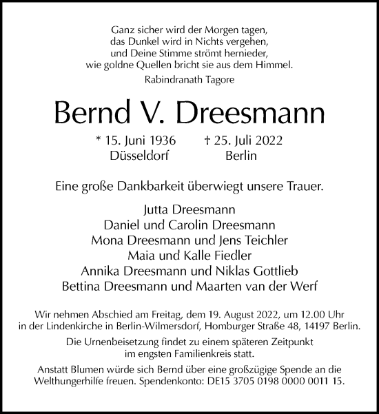 Traueranzeige von Bernd V. Dreesmann von Tagesspiegel